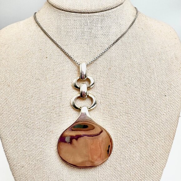 VTG Sterling Silver 925 Chunky Drop Shape Pendant Ruby Accent Bold 18" Chain - Picture 1 of 12